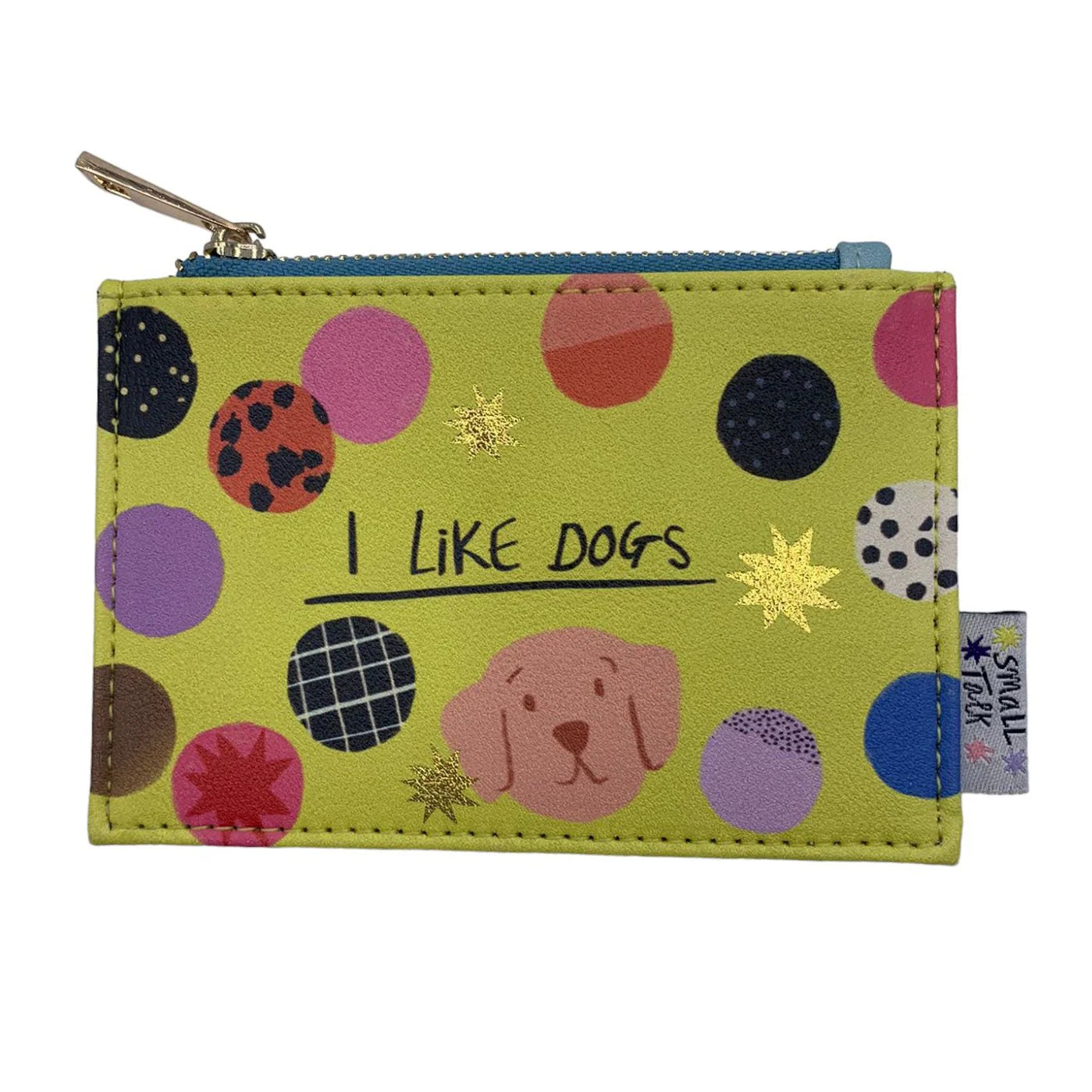 A small zipped coin purse featuring colourful polka dots, an illustration of a dog, and the wording I LIKE DOGS on a green background—a perfect gift for dog lovers.