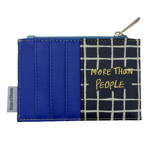 A blue and black zipped coin purse featuring a chequered pattern, gold zip, and the words MORE THAN PEOPLE on the right side—an ideal gift for dog lovers.
