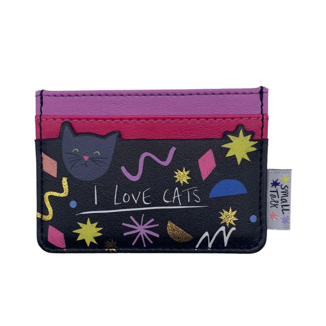 A compact PVC cat cardholder adorned with colourful cat illustrations, abstract shapes, and “I LOVE CATS” on the front—a perfect present for cat enthusiasts.