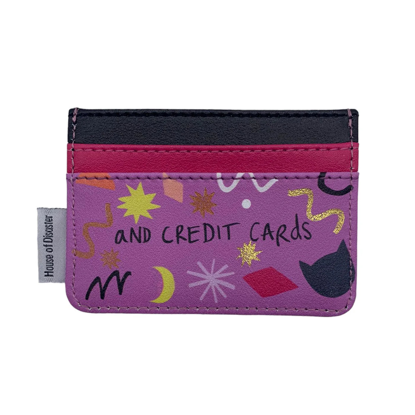 A compact purple PVC cardholder with abstract designs and “and CREDIT CARDS” on the front, finished with a House of Disaster fabric tag—an ideal present for cat lovers.