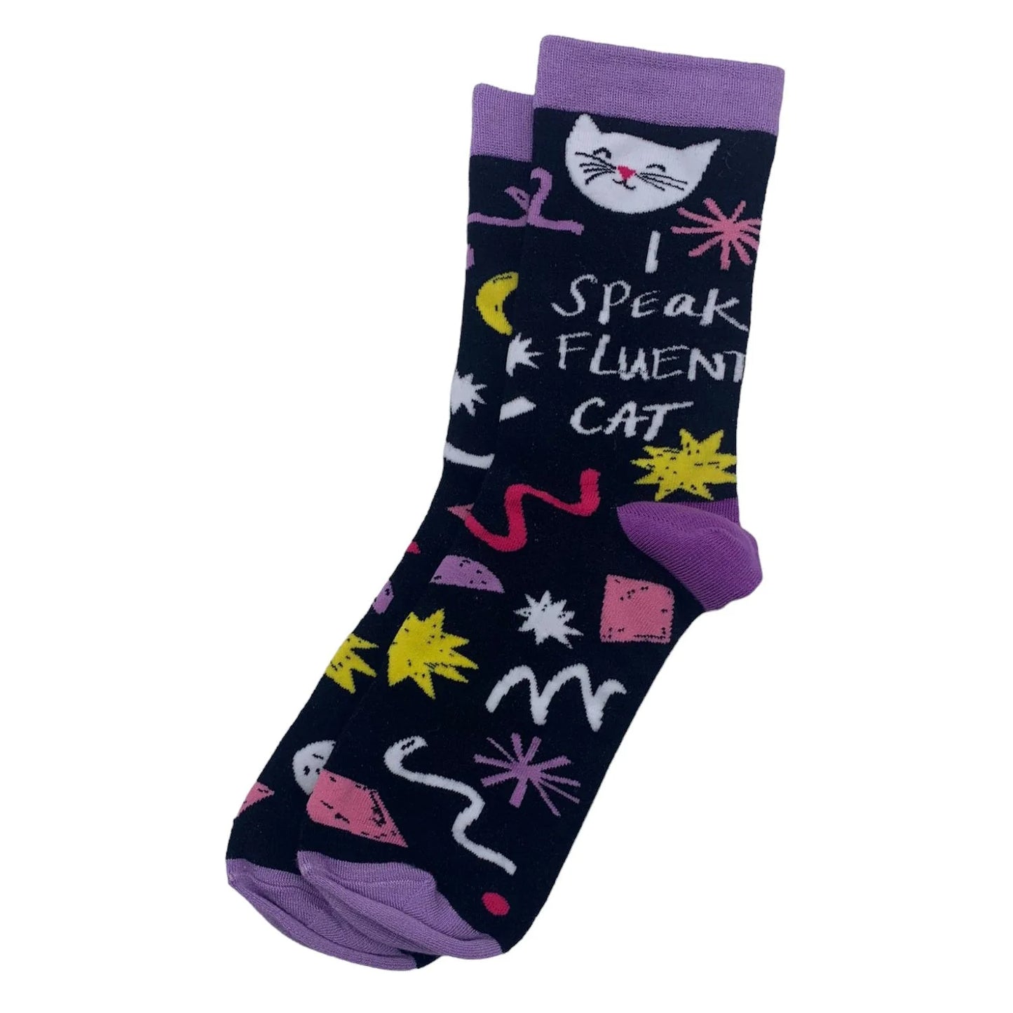 A pair of navy blue bamboo socks with purple toes, heels, and cuffs, featuring a cat face and the phrase I SPEAK FLUENT CAT—an ideal quirky gift for cat lovers with colourful abstract shapes.