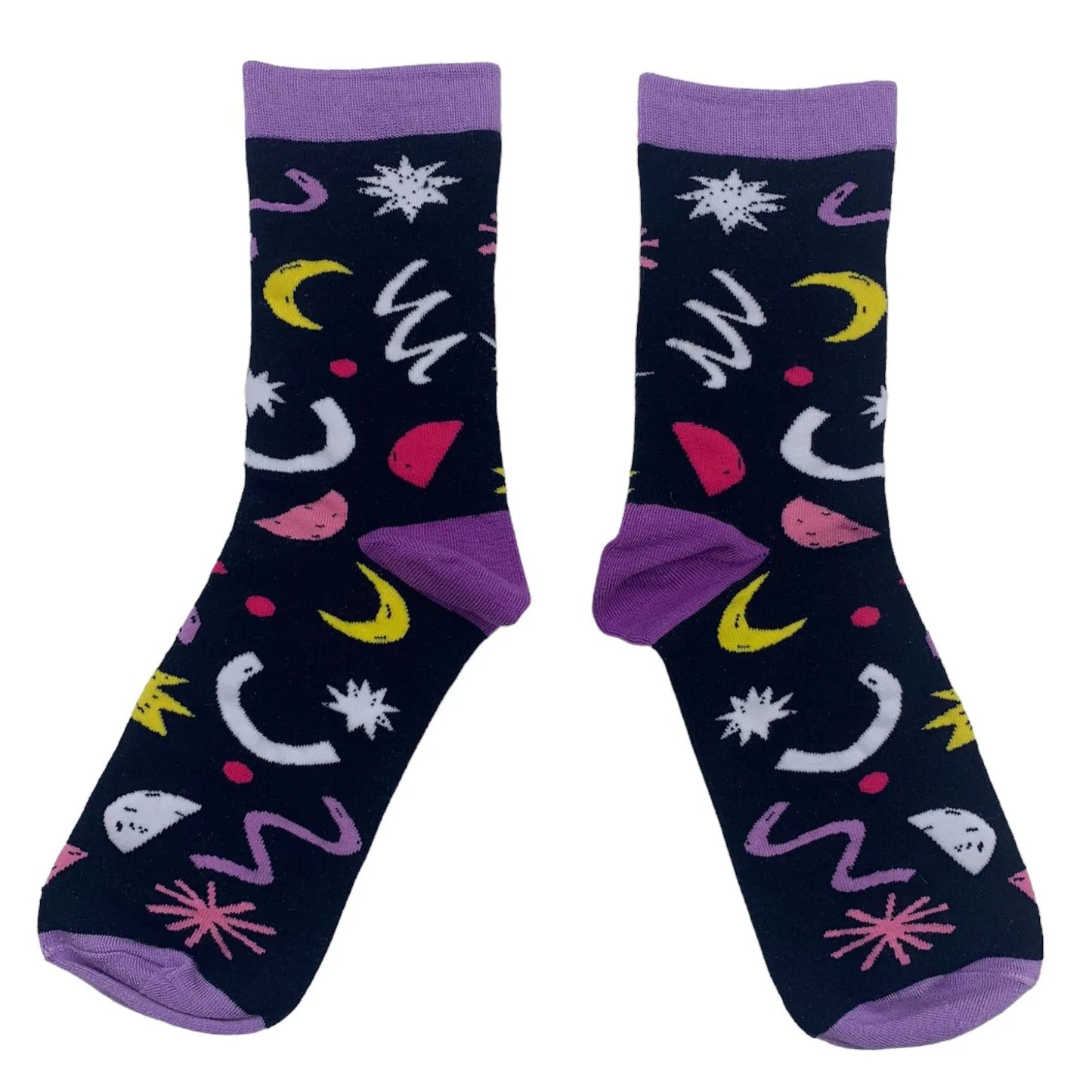 A pair of black bamboo socks with purple cuffs, heels, and toes, decorated with a colourful abstract pattern of moons, stars, and squiggles in white, yellow, and pink—ideal as a unique cat lover’s gift.