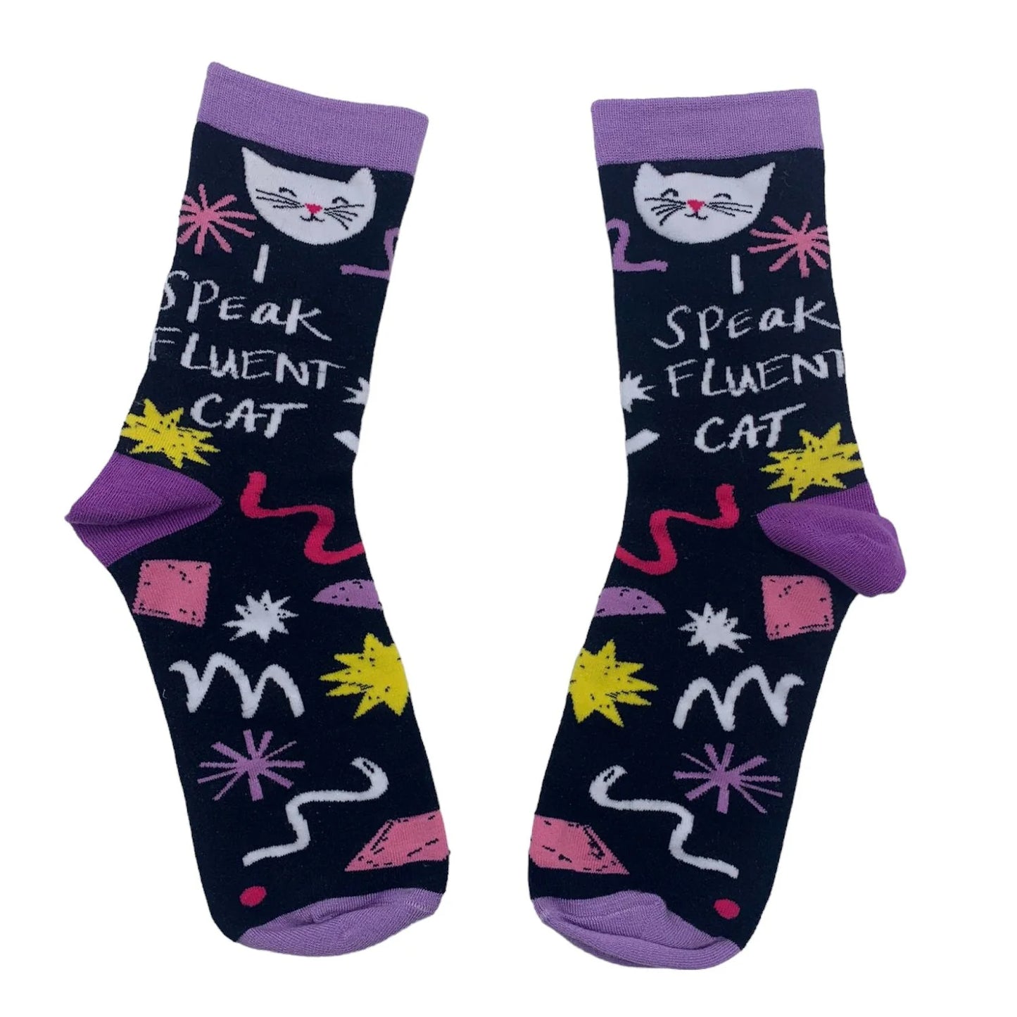 A pair of black bamboo socks with purple toes and cuffs, adorned with cat faces, colourful shapes, and the text I SPEAK FLUENT CAT—a perfect gift for any cat lover.