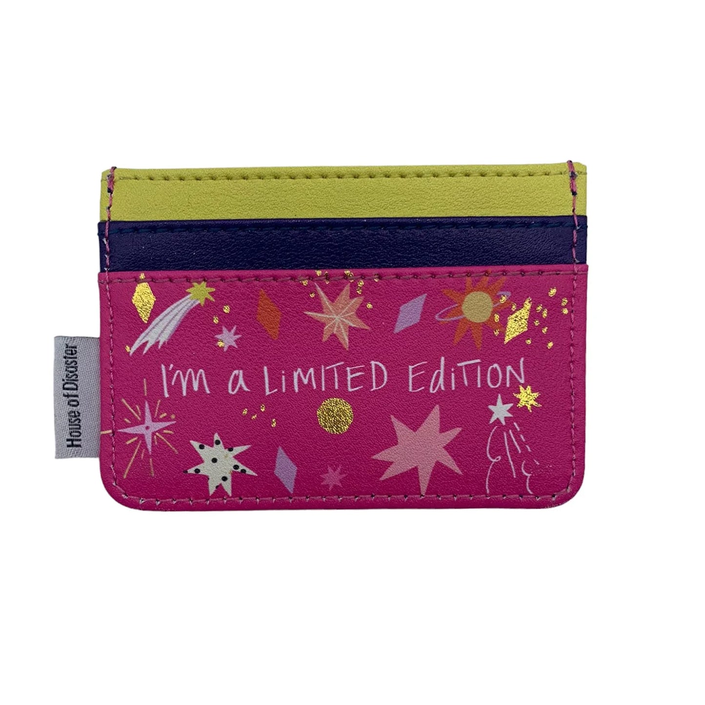 A quirky, compact PVC cardholder with “I’m a LIMITED EDITION” on the front, adorned with star and comet motifs in pink, gold, and other vibrant colours.
