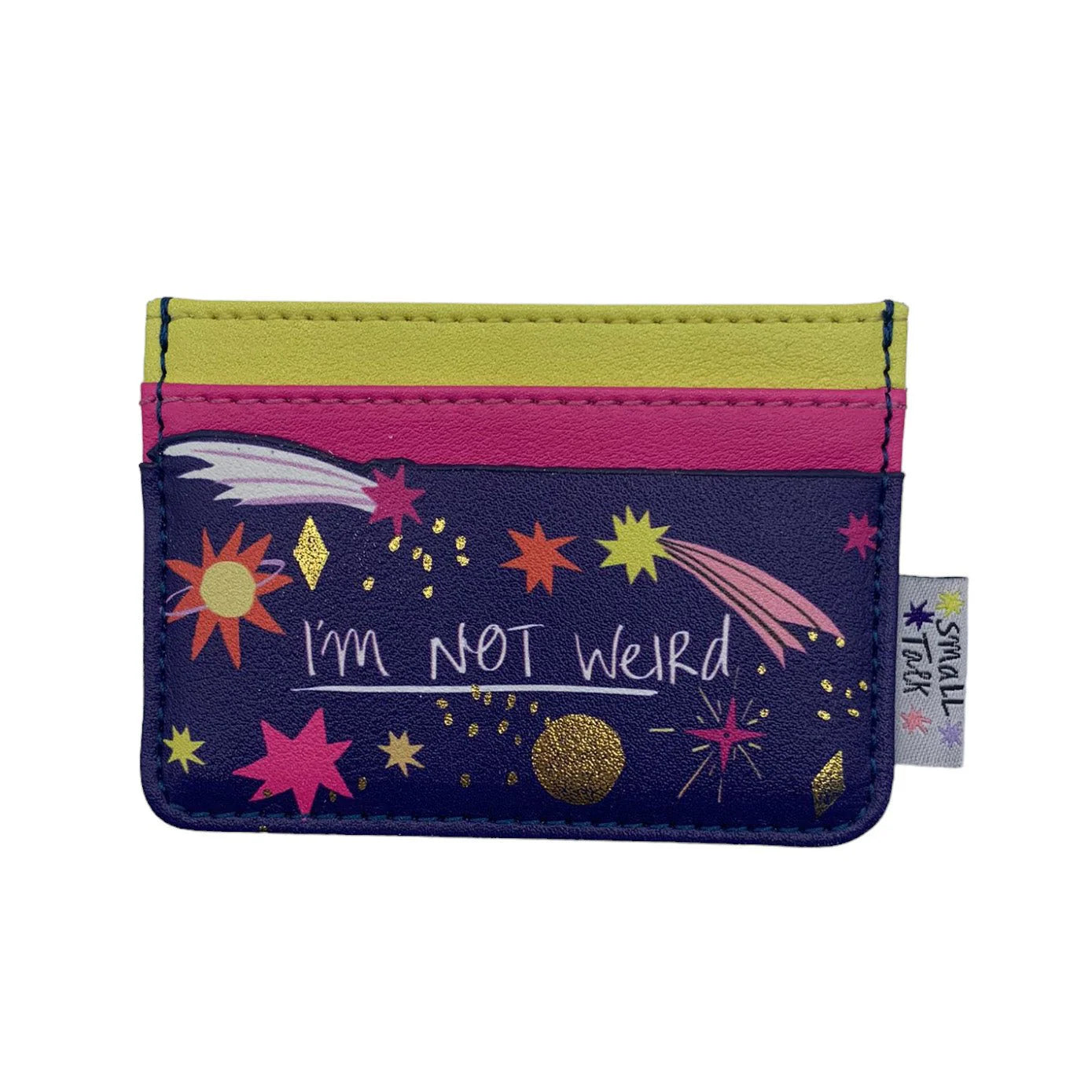 A quirky cardholder with star and comet designs, featuring the text IM NOT WEIRD on the front—this compact PVC holder adds a playful touch to your essentials.