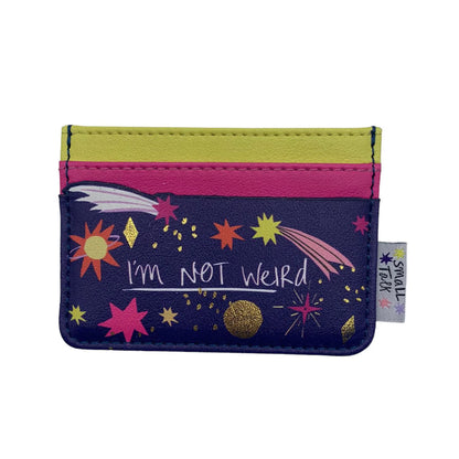 A quirky cardholder with star and comet designs, featuring the text IM NOT WEIRD on the front—this compact PVC holder adds a playful touch to your essentials.