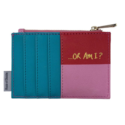 A pocket-sized wallet with teal, red and pink colour blocks, card slots, a zip, and gold text reading ...OR AM I? on the front—an ideal witty gift for any overthinking handbag enthusiast.