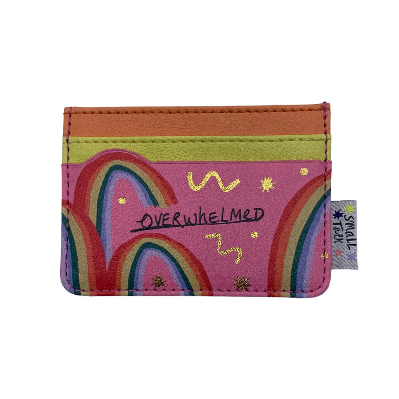 A pocket-sized card holder with rainbow designs, gold stars, and OVERWHELMED across the centre—ideal as a cheerful gift for friends. A small tag on the side reads SMALL TALK.