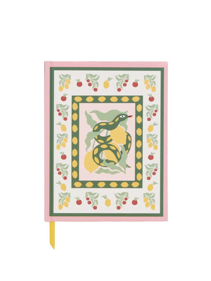 A vibrant patterned notebook with a pink spine, adorned with a green bird, yellow lemons, and a decorative fruit border—ideal for stationery enthusiasts.