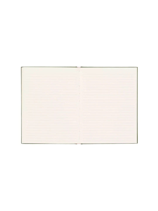 An open, blank, lined hardback notebook is centred on a white background.