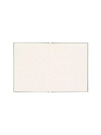 An open, blank, lined hardback notebook is centred on a white background.