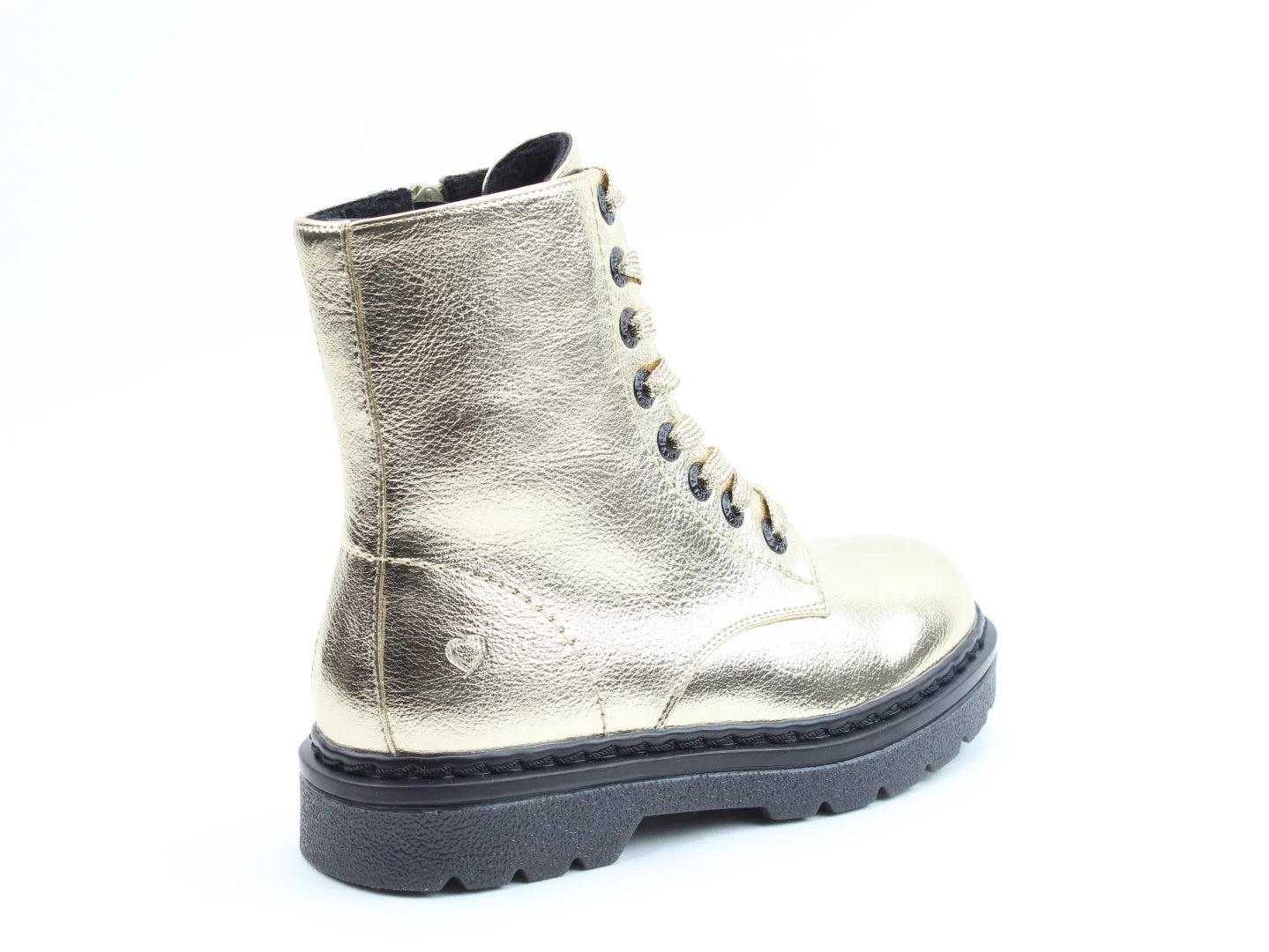 A single metallic gold leather boot with black laces and a black rubber sole, featuring memory foam insoles for added comfort, viewed from the side against a plain white background.