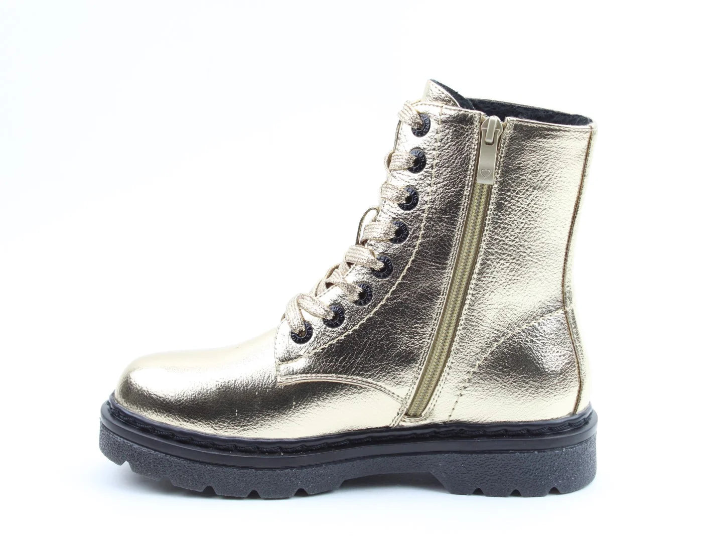 Gold metallic ankle boot with a lace-up design, side zip, and black sole. Featuring memory foam insoles for added comfort. Displayed on a pristine white background, these boots are also vegan-friendly.