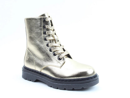 A metallic gold lace-up vegan-friendly boot with a black rubber sole and textured leather finish, featuring memory foam insoles, shown on a plain white background.