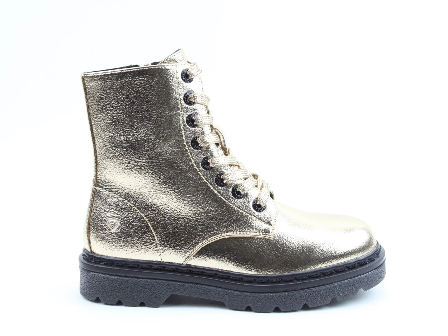 Vegan-friendly metallic ankle boots featuring a sleek gold finish, black laces, and a chunky black sole, all set against a white background. Perfectly cushioned with memory foam insoles for ultimate comfort.