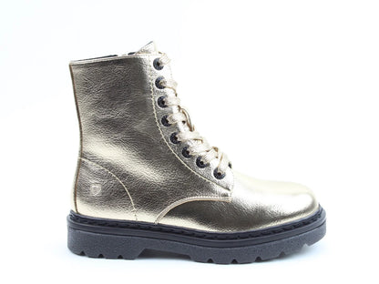 Vegan-friendly metallic ankle boots featuring a sleek gold finish, black laces, and a chunky black sole, all set against a white background. Perfectly cushioned with memory foam insoles for ultimate comfort.