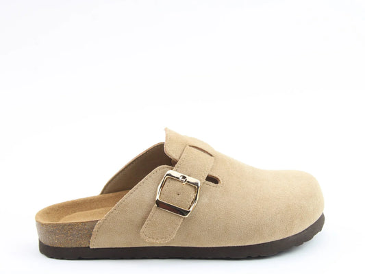 The Alessia Cool Slides are beige suede slip-on clogs featuring a buckle strap, contoured footbed, and cork sole. These vegan-friendly shoes offer an open back for easy wear and timeless style.