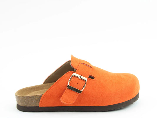 The Alessia Cool Slides: Orange suede slip-on clogs featuring a silver buckle strap and cork sole with a contoured footbed, isolated on a white background.