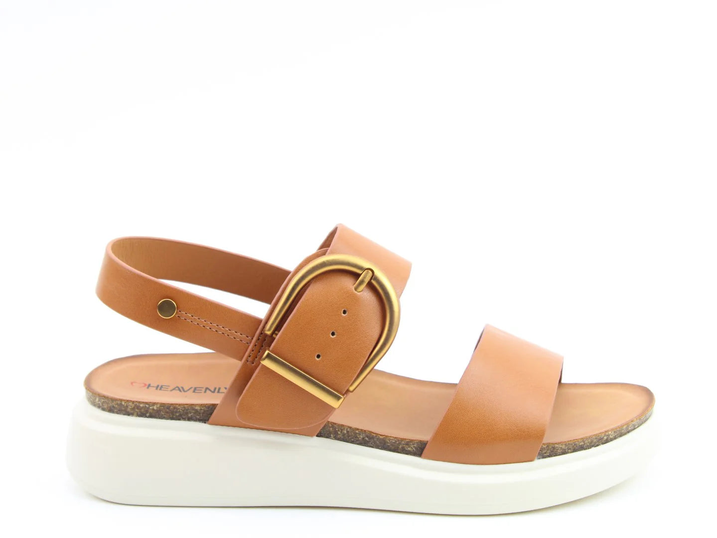 Vegan-friendly BERNIE TAN sandal featuring two wide straps and a large gold buckle, all set on a stylish white platform sole for the perfect summer look.