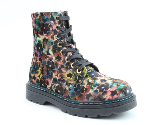A lace-up ankle boot with a chunky black sole, showcasing a colourful floral pattern on the upper—these vegan-friendly boots also feature plush memory foam insoles for all-day comfort.