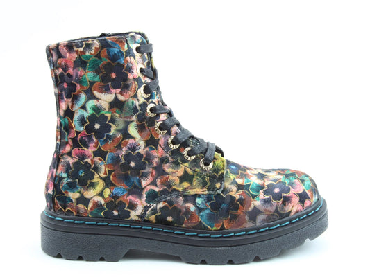 A side view of vegan-friendly boots with a thick black sole and a colourful floral-patterned upper, featuring memory foam insoles, set against a white background.