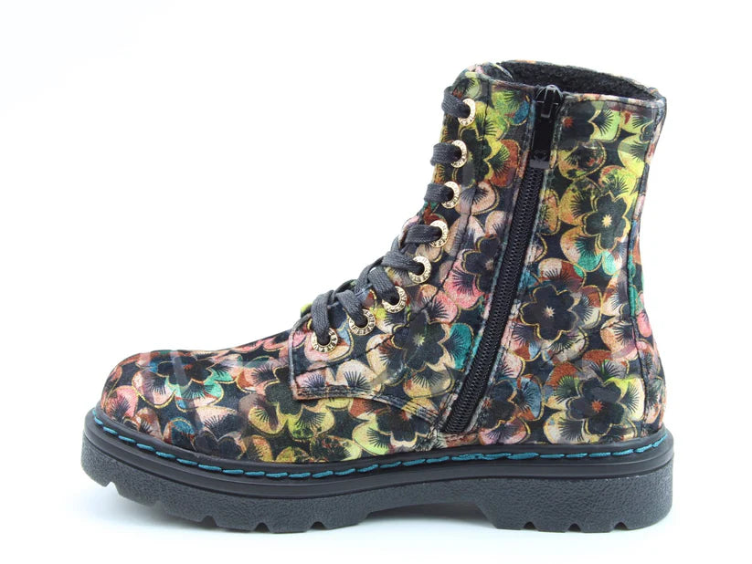 A black lace-up vegan-friendly boot with a side zip, adorned with a colourful floral pattern and a thick treaded sole with memory foam insoles, photographed against a white background.