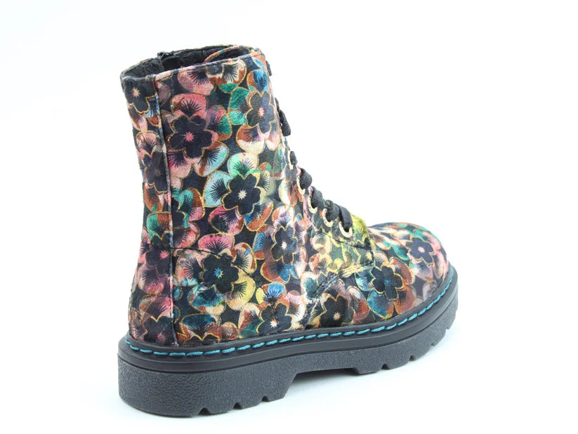 A lace-up ankle boot with a chunky black sole and a vibrant floral pattern on the upper, featuring memory foam insoles for comfort, displayed against a white background.