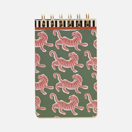 A small wire-bound Tiger Flip Notebook with a green cover featuring a repeating pattern of pink tigers—perfect for adding a touch of fun to your stationery collection.
