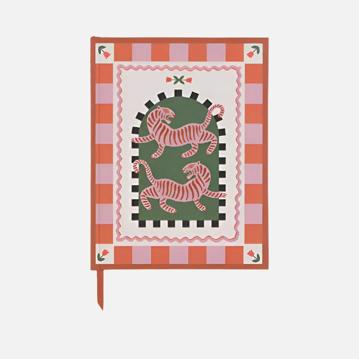 A decorative hardback journal cover showcasing two stylised pink tigers on a green background, bordered by red, white, and pink geometric patterns—ideal for your next creative writing journal.
