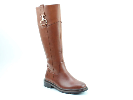 A single tall brown leather riding boot with a low heel, black sole, memory foam insole, and a metallic buckle detail near the top.