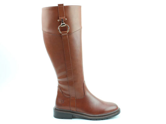 A tall brown leather riding boot with a rounded toe, decorative gold buckle strap near the top, a low black rubber sole, and a plush memory foam insole for all-day comfort.