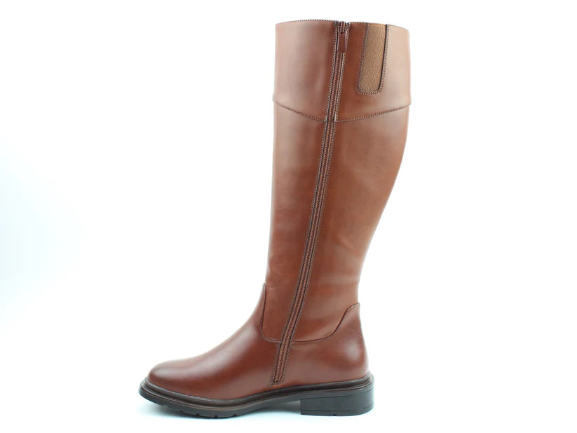 A single tall brown leather riding boot with a side zip, thick sole, and low heel features a cushioned memory foam insole, shown against a plain white background.