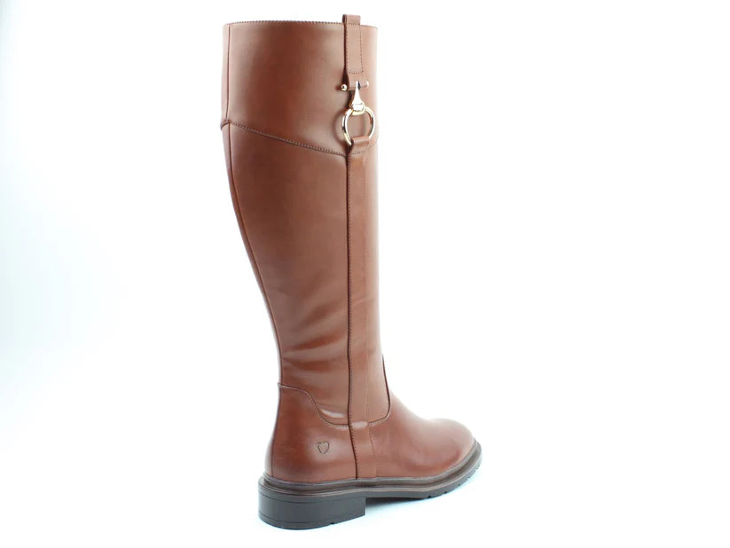 A single brown knee-high leather riding boot with a low heel, metallic buckle detail near the top, and a memory foam insole, displayed against a plain white background.