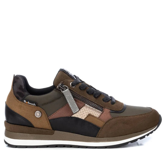 A brown, black, and tan athletic trainer with a white sole, side zip, lace-up front, mixed-material panels, and a removable insole. These are PETA-certified vegan women’s trainers.