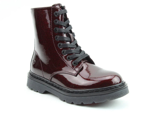 A shiny burgundy lace-up combat boot with black laces and a thick black rubber sole, featuring memory foam insoles for all-day comfort, pictured against a white background.