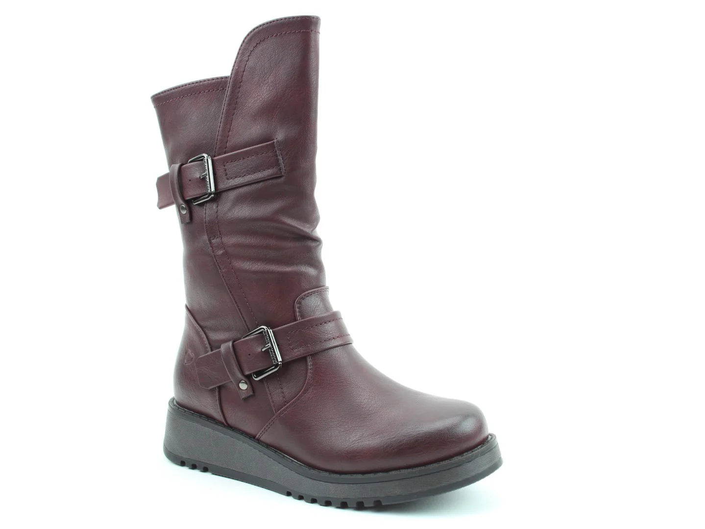 A single dark red leather mid-calf boot with two decorative buckles, a low wedge heel, memory foam footbed, and a ridged black sole, shown on a white background.